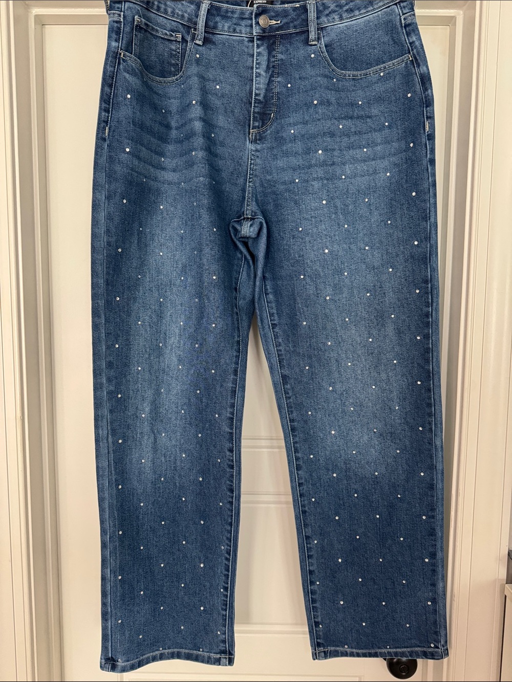 Express Straight-Leg Blue Jeans with Pearl Stud Detailing